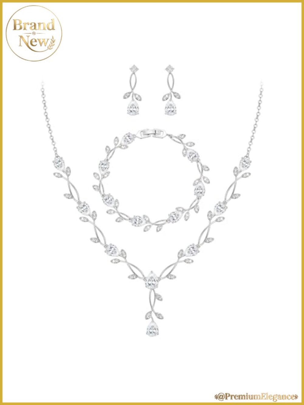 Bridal Jewelry Set Cubic Zirconia Pearl Leaf Necklace Bracelet Earrings Gift